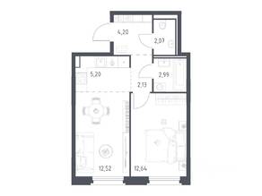 ЖК «Квартал Строгино», планировка 1-комнатной квартиры, 41.75 м²