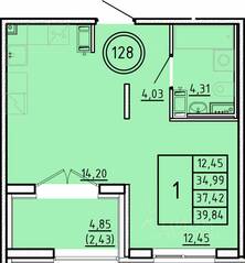 МЖК «Образцовый квартал 16», планировка 1-комнатной квартиры, 34.99 м²