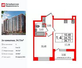 ЖК «Титул в Московском», планировка 1-комнатной квартиры, 34.75 м²