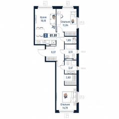 ЖК «Максималист», планировка 2-комнатной квартиры, 61.91 м²
