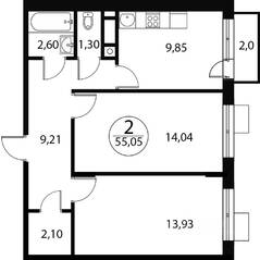 ЖК «Катуар», планировка 2-комнатной квартиры, 55.05 м²