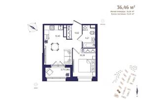 ЖК «Ranta Residence», планировка 1-комнатной квартиры, 36.46 м²