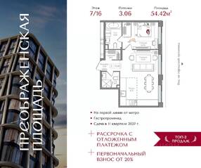 ЖК «Преображенская площадь», планировка 1-комнатной квартиры, 54.42 м²