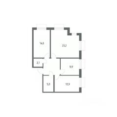 ЖК «Парусная 1», планировка 3-комнатной квартиры, 77.00 м²