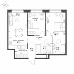 ЖК «MariInn Park», планировка 2-комнатной квартиры, 71.50 м²