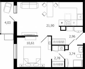 ЖК «Десятка», планировка 2-комнатной квартиры, 43.40 м²