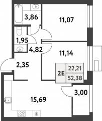 ЖК «Smart Garden», планировка 2-комнатной квартиры, 52.30 м²