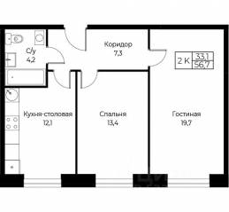 Апарт-комплекс «Aist Residence», планировка 2-комнатной квартиры, 56.70 м²