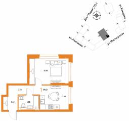 ЖК «Страна.Парковая», планировка 1-комнатной квартиры, 39.63 м²