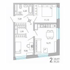 ЖК «Министр», планировка 2-комнатной квартиры, 51.31 м²