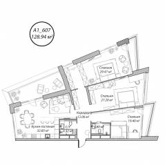 Апарт-комплекс Клубный дом «Рублево», планировка 4-комнатной квартиры, 129.00 м²