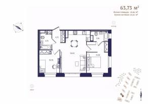 ЖК «Ranta Residence», планировка 2-комнатной квартиры, 63.73 м²