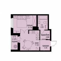 ЖК «ID Murino III», планировка 1-комнатной квартиры, 35.44 м²