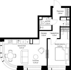 ЖК «Veer», планировка 1-комнатной квартиры, 49.40 м²