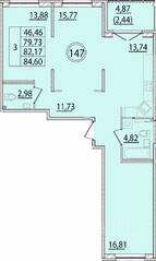 МЖК «Образцовый квартал 15», планировка 3-комнатной квартиры, 79.73 м²
