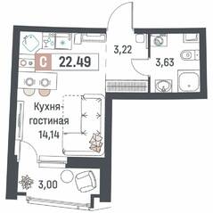 ЖК «Авиатор» (Девяткино), планировка студии, 22.49 м²