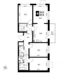 ЖК «Южная Битца», планировка 4-комнатной квартиры, 89.30 м²
