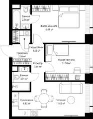 ЖК «Veer», планировка 2-комнатной квартиры, 60.44 м²