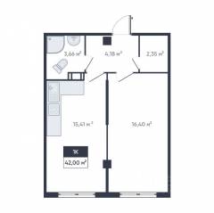 ЖК «Ромашки», планировка 1-комнатной квартиры, 42.00 м²