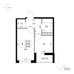 ЖК «Легенда Коренево», планировка 1-комнатной квартиры, 34.50 м²