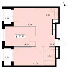 ЖК «Self», планировка 2-комнатной квартиры, 60.90 м²