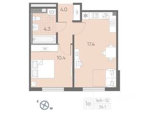 МЖК «Пулково Lake», планировка 1-комнатной квартиры, 36.10 м²