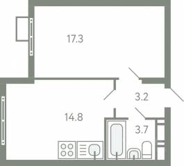ЖК «Ново-Молоково», планировка 1-комнатной квартиры, 38.10 м²