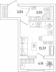 ЖК «Гранат», планировка студии, 22.34 м²