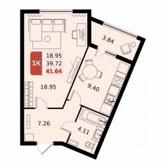 ЖК «ДОМодедово Парк», планировка 1-комнатной квартиры, 41.64 м²