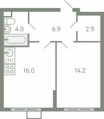 ЖК «Ново-Молоково», планировка 1-комнатной квартиры, 43.20 м²