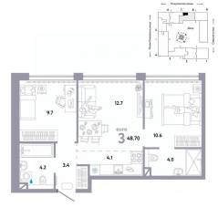 ЖК «Страна.Озерная», планировка 3-комнатной квартиры, 48.70 м²