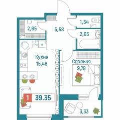ЖК «Графика», планировка 1-комнатной квартиры, 39.35 м²