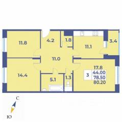 ЖК «Эдельвейс» (ЦентрСтрой), планировка 3-комнатной квартиры, 80.20 м²