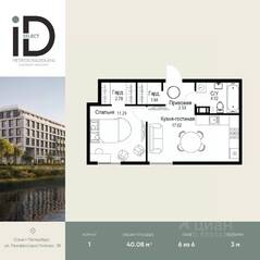 ЖК «ID Petrogradskaya», планировка 1-комнатной квартиры, 40.08 м²