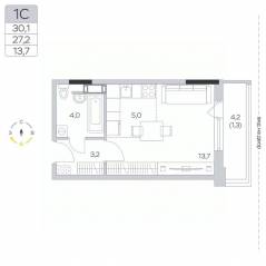 ЖК «Пироговская Ривьера», планировка студии, 27.40 м²