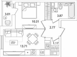 ЖК «Кинопарк», планировка 1-комнатной квартиры, 33.34 м²