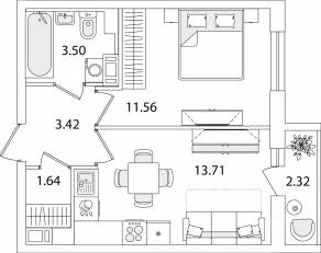 ЖК «Кинопарк», планировка 1-комнатной квартиры, 34.99 м²