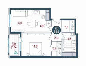 ЖК «Русич Кантемировский», планировка 1-комнатной квартиры, 39.00 м²