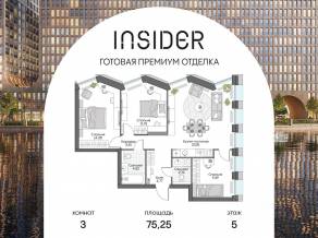 Апарт-комплекс «Инсайдер», планировка 3-комнатной квартиры, 75.25 м²