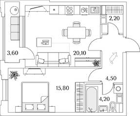ЖК «Тайм Сквер», планировка 1-комнатной квартиры, 49.00 м²