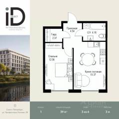 ЖК «ID Petrogradskaya», планировка 1-комнатной квартиры, 39.00 м²