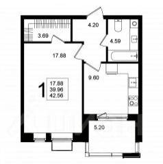 ЖК «Мишино-2», планировка 1-комнатной квартиры, 42.56 м²