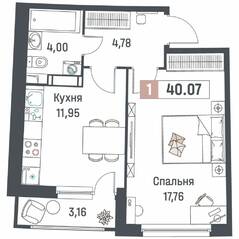 ЖК «Авиатор» (Девяткино), планировка 1-комнатной квартиры, 40.07 м²