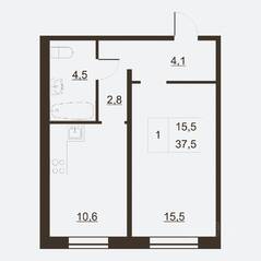 ЖК «Дом на набережной», планировка 1-комнатной квартиры, 38.80 м²