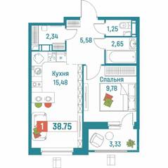 ЖК «Графика», планировка 1-комнатной квартиры, 38.75 м²