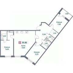 ЖК «Фотограф», планировка 3-комнатной квартиры, 91.90 м²