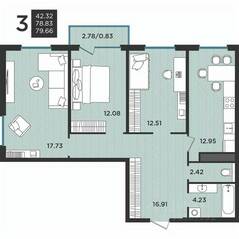 МЖК «Новокасимово», планировка 3-комнатной квартиры, 79.60 м²