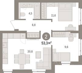 ЖК «Брусника в Новоселье», планировка 2-комнатной квартиры, 53.30 м²