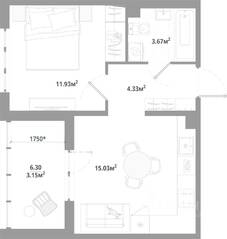 ЖК «ЛесART», планировка 1-комнатной квартиры, 38.11 м²