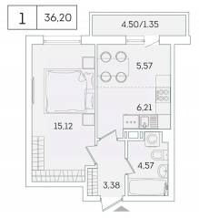 ЖК «Lampo», планировка 1-комнатной квартиры, 35.00 м²